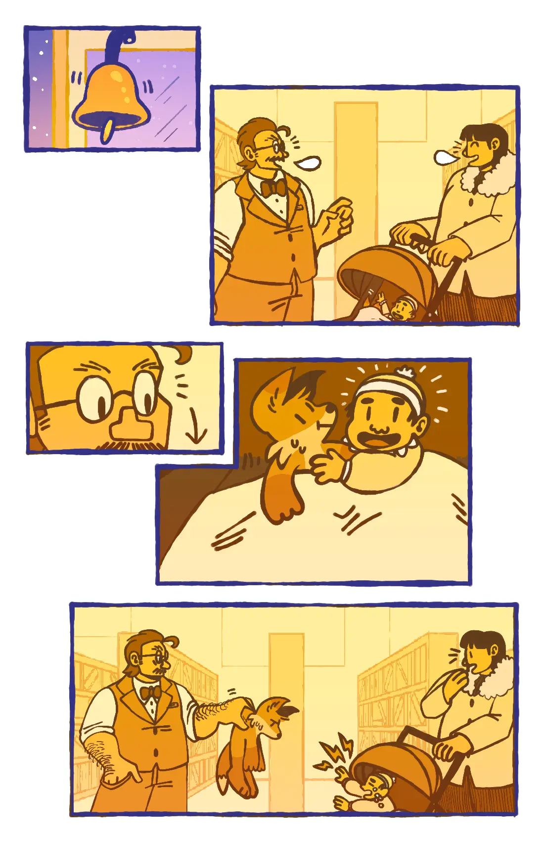 Page 14: The woman goes inside the bookstore, still pushing the stroller. She greets the bookstore owner, who looks down to see the fox pretending to be the baby's stuffed animal. He takes the fox out of the stroller, leaving the woman surprised and the baby crying.