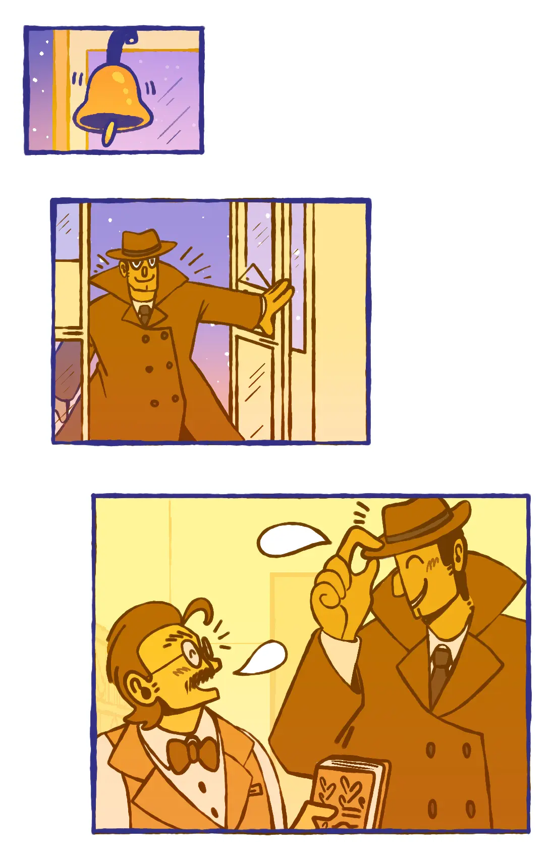 Page 15: A man in a long coat walks into the bookstore, warmly greeting the bookstore owner.
