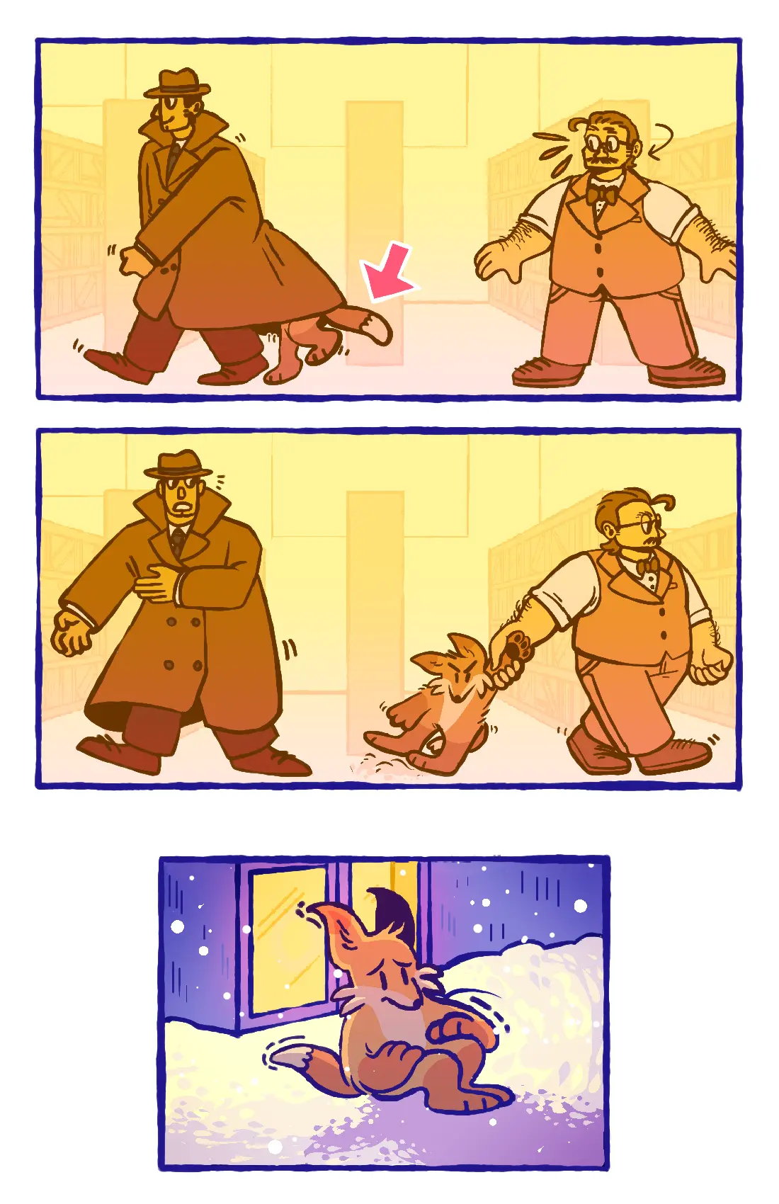 Page 16: As the man walks further inside, the bookstore owner notices the fox hiding under the other man's coat. He quickly drags him back outside.