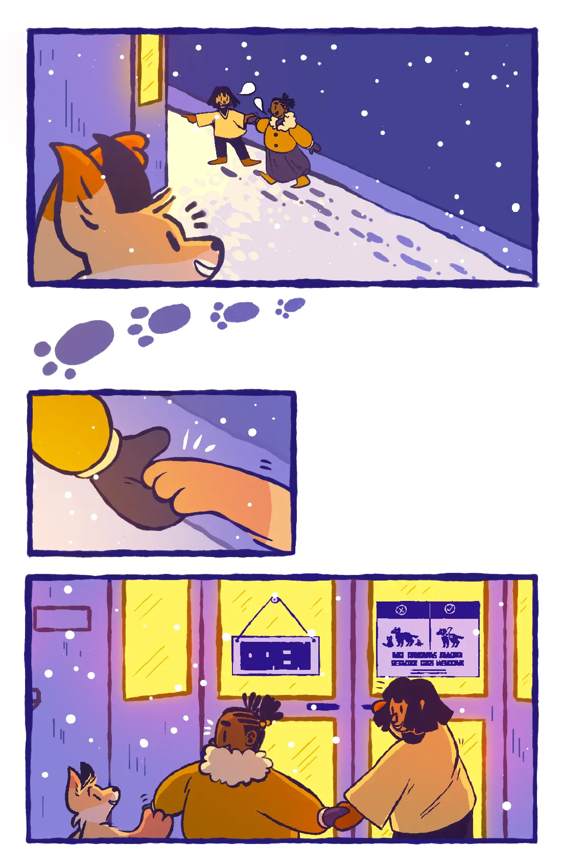 Page 17: The fox sees two children holding hands about to walk inside, and joins hands with them, pretending to also be a child.