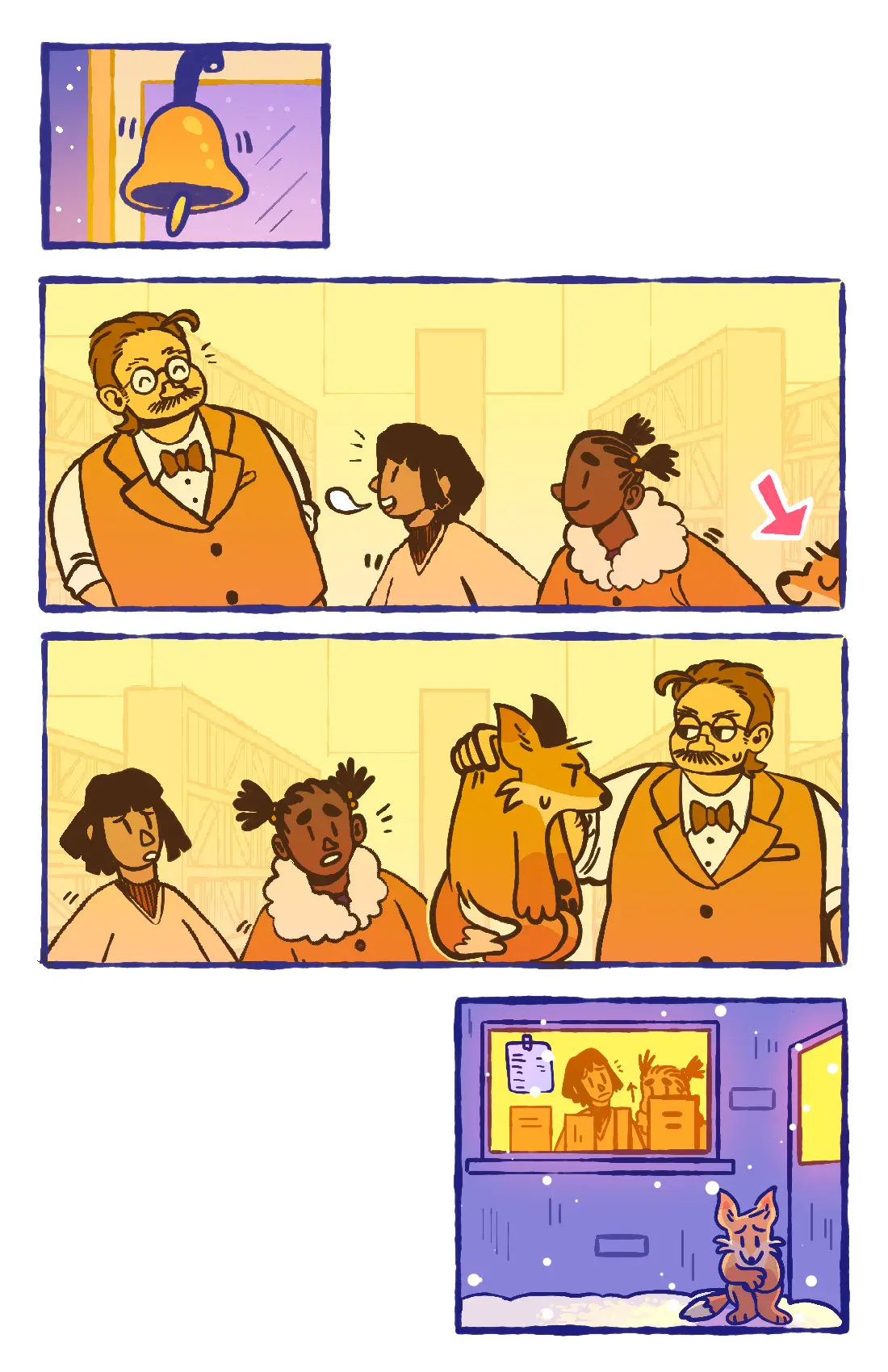 Page 18: The bookstore owner greets the two children, but catches the fox and sends him back outside. The fox sits sadly as the two children look at him through the window.