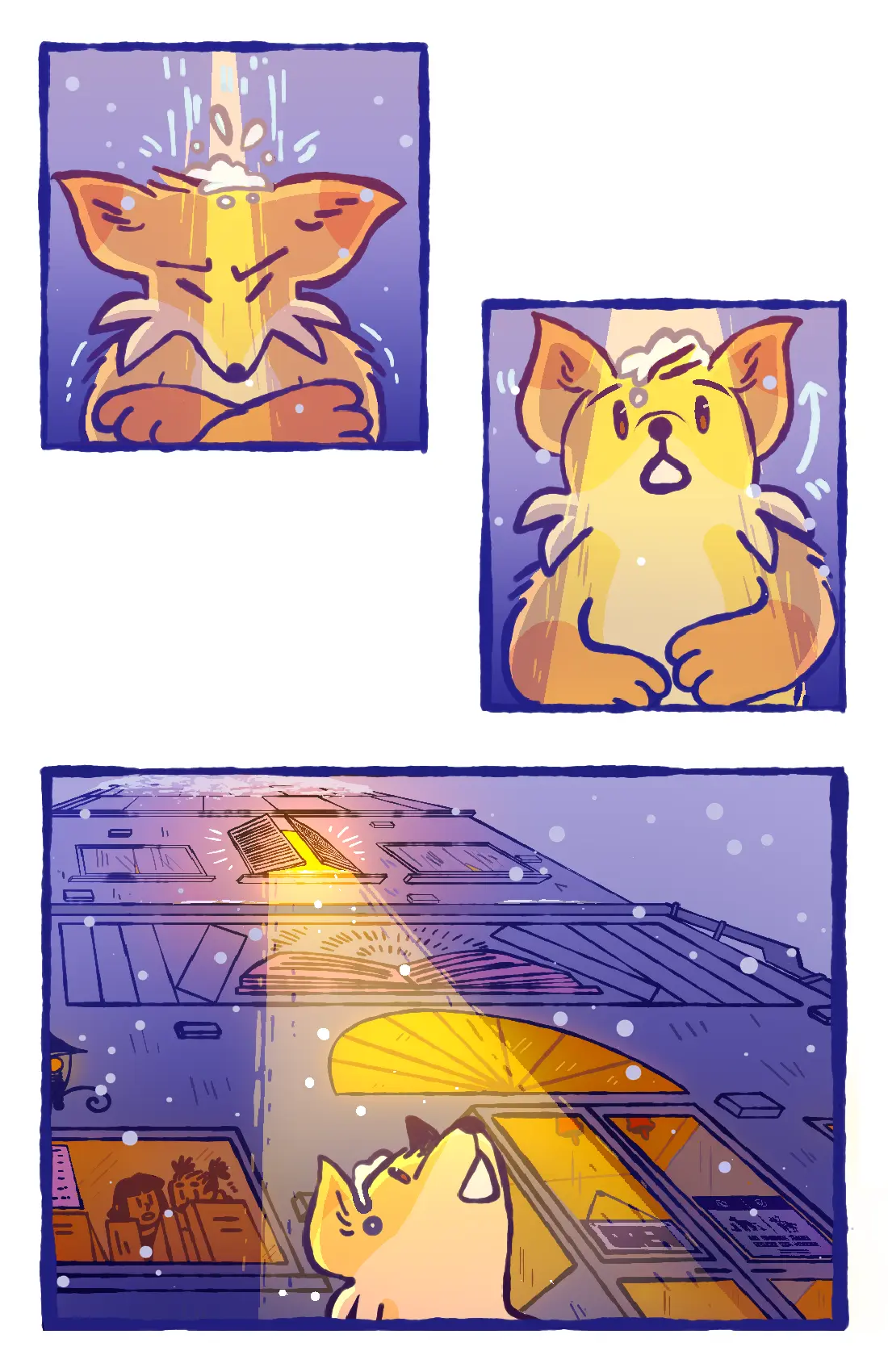 Page 19: A pile of snow drops on the little fox's head, and he looks up to see the window frame it fell down from.