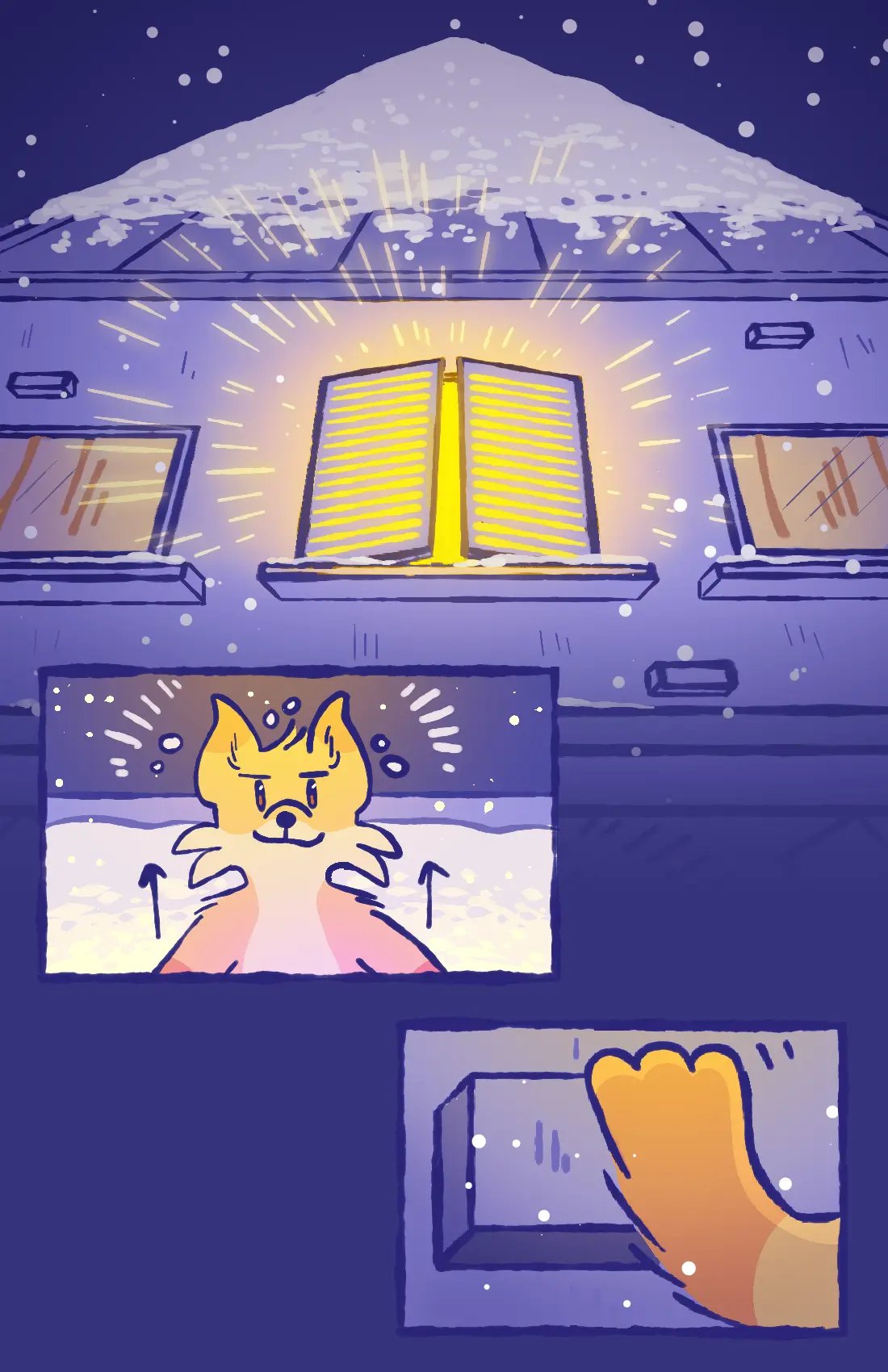 Page 20: A warm ray of light beams down from an apartment window high above the bookstore, and the fox becomes determined to reach that window.