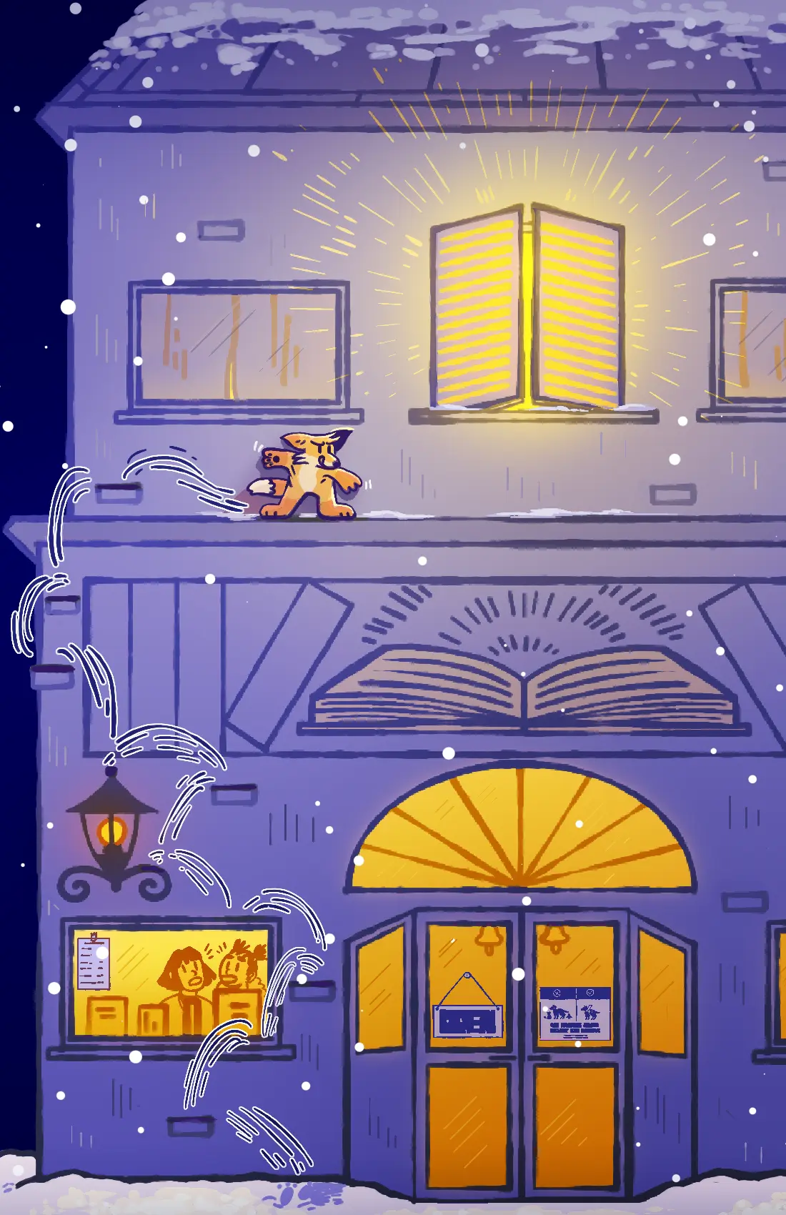 Page 21: The fox jumps on the bookstore's uneven bricks and pipes and climbs up high, until he nearly reaches the window. The two children watch in wonder.