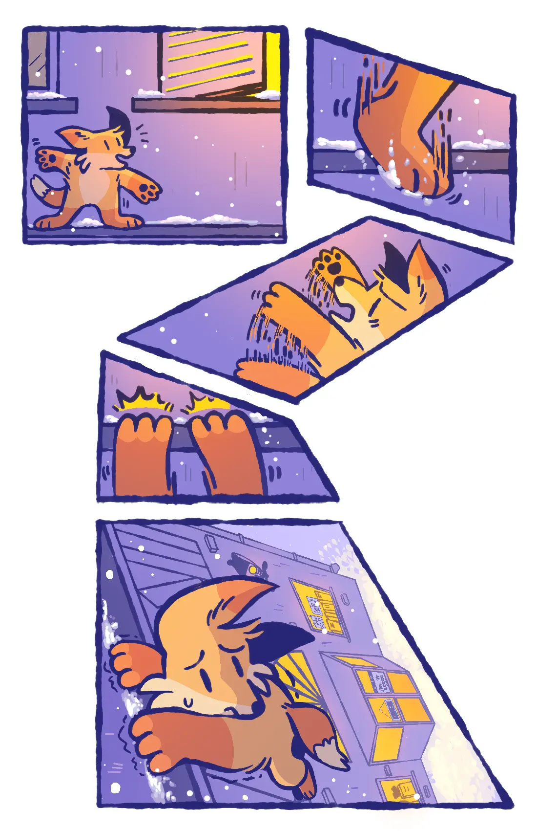 Page 22: The fox suddenly slips on the snow and loses his balance, almost falling off the ledge. He dangles high above the ground, with a shaky grip on the ledge.