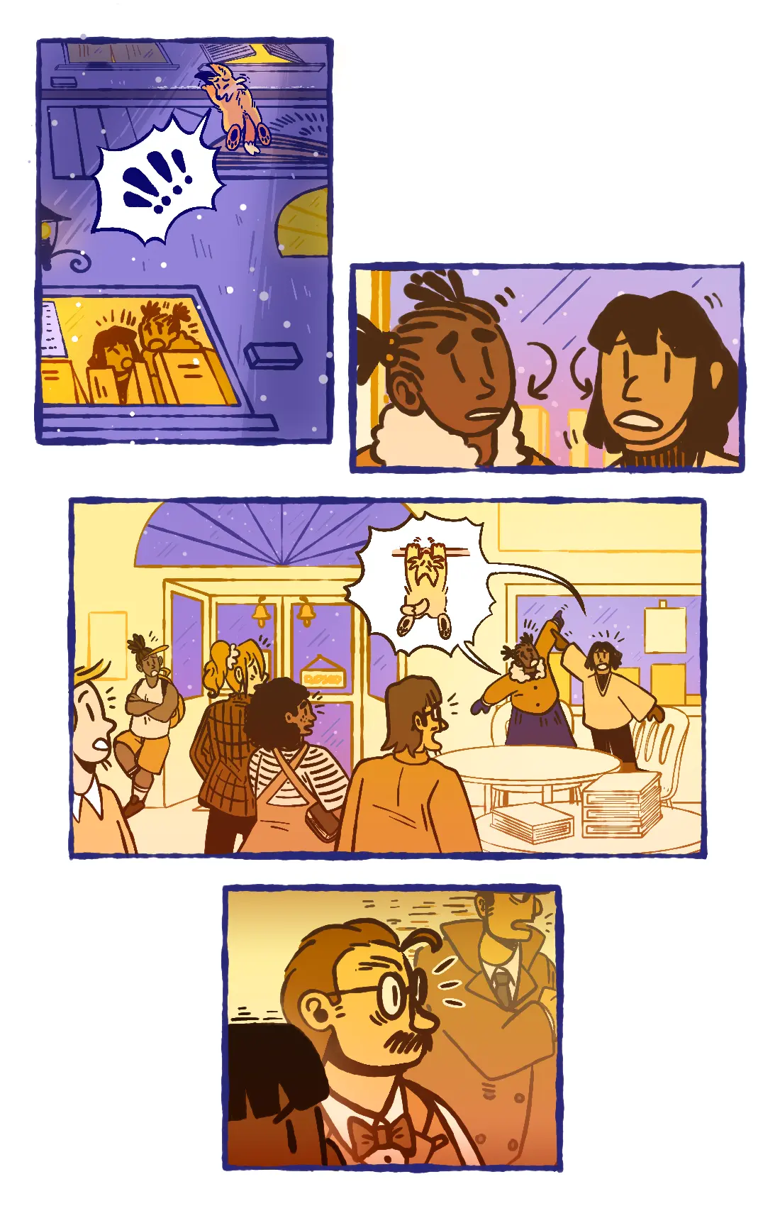 Page 23: The fox cries for help, and the two children hear the fox's pleas. They tell the people inside the bookstore that the fox is in trouble, and everyone rushes outside. The bookstore owner's eyes widen in shock.