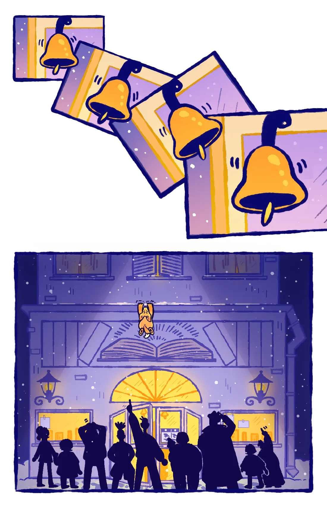 Page 24: The store's bell rings frantically as people rush outside, gathering around where the fox is dangling.