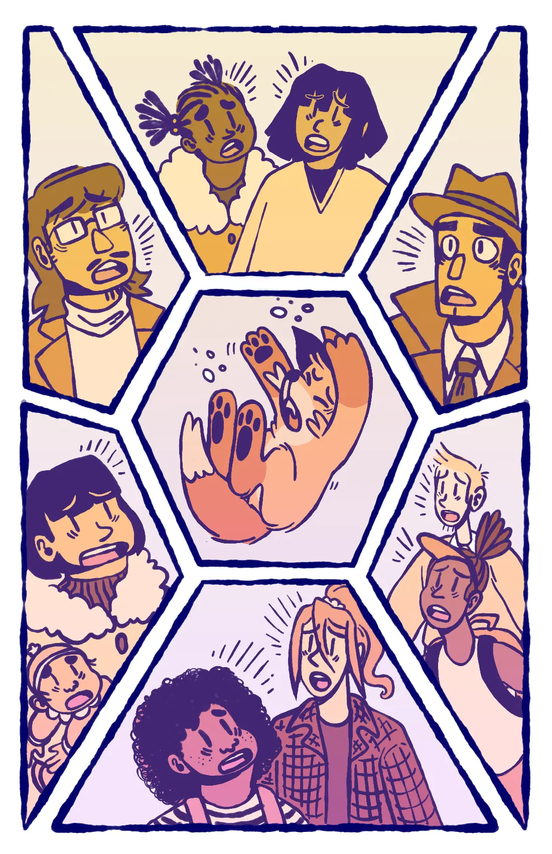 Page 26: The fox falls, and the people gathered outside watch in horror.