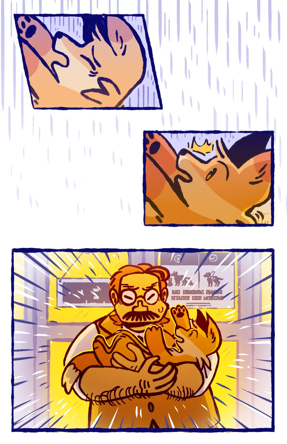 Page 27: The fox's fall suddenly breaks, and it is revealed that the bookstore owner caught him.