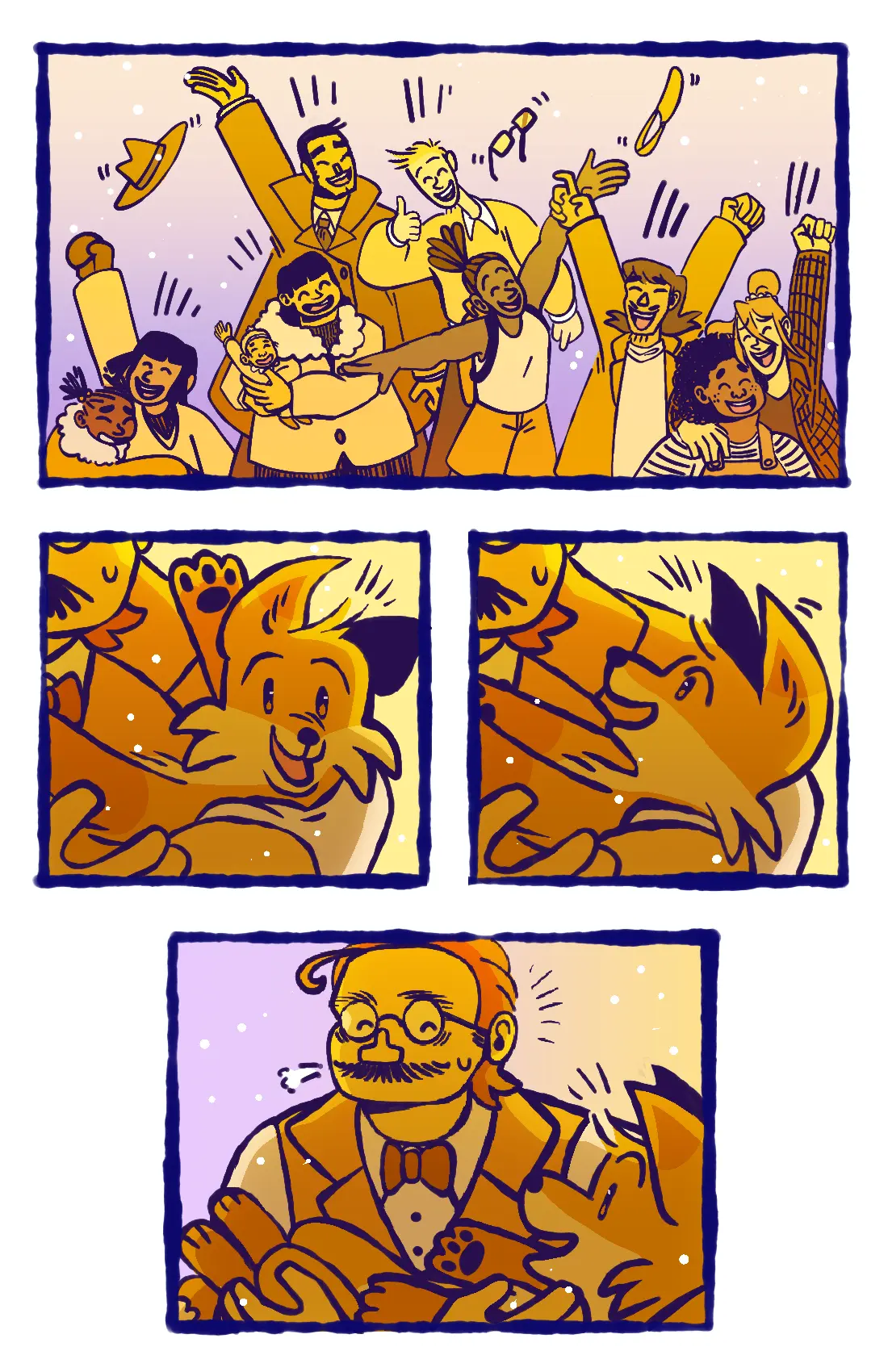 Page 28: The people cheer, overjoyed that the fox is safe. The fox looks up gratefully at the bookstore owner, and he smiles at the fox with a relieved sigh.