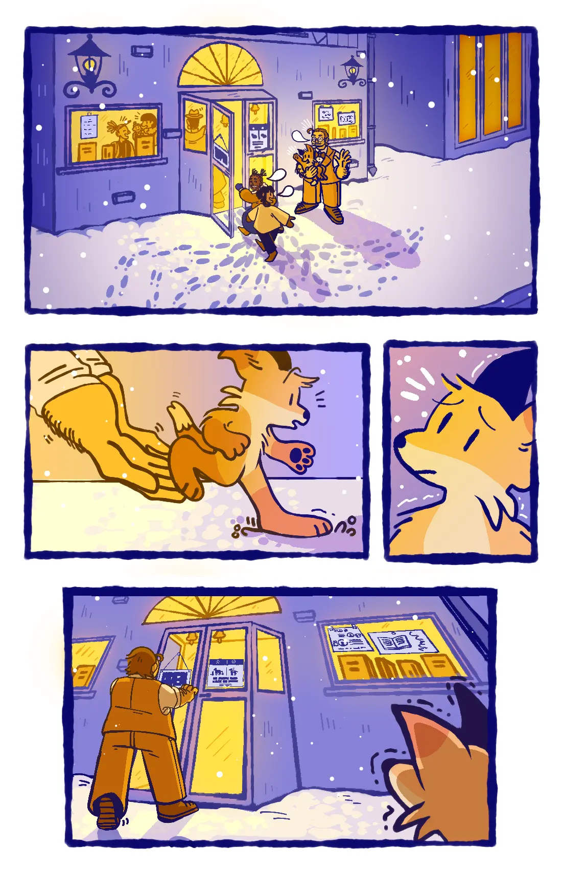 Page 29: The bookstore owner reassures the storegoers that all is well, sending them back inside. Then, to the fox's disappointment, he sets the fox down and walks inside without him.