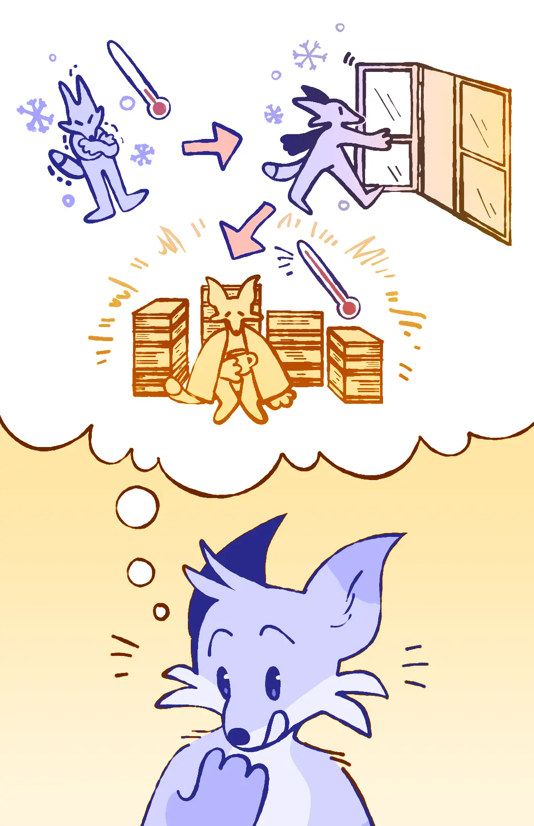 Page 3: The fox figures that if he goes inside, he can get warmed up and escape the cold winter.