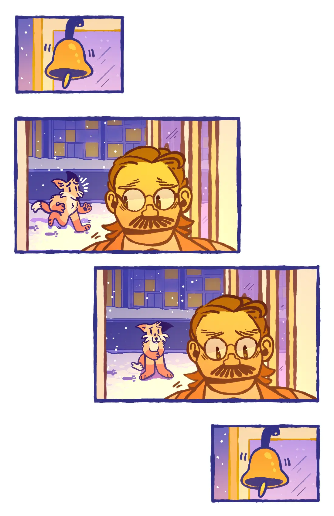 Page 30: As the fox gives the bookstore owner one last pleading look, the bookstore owner glances back with a regretful expression, but turns away again as the door shuts.