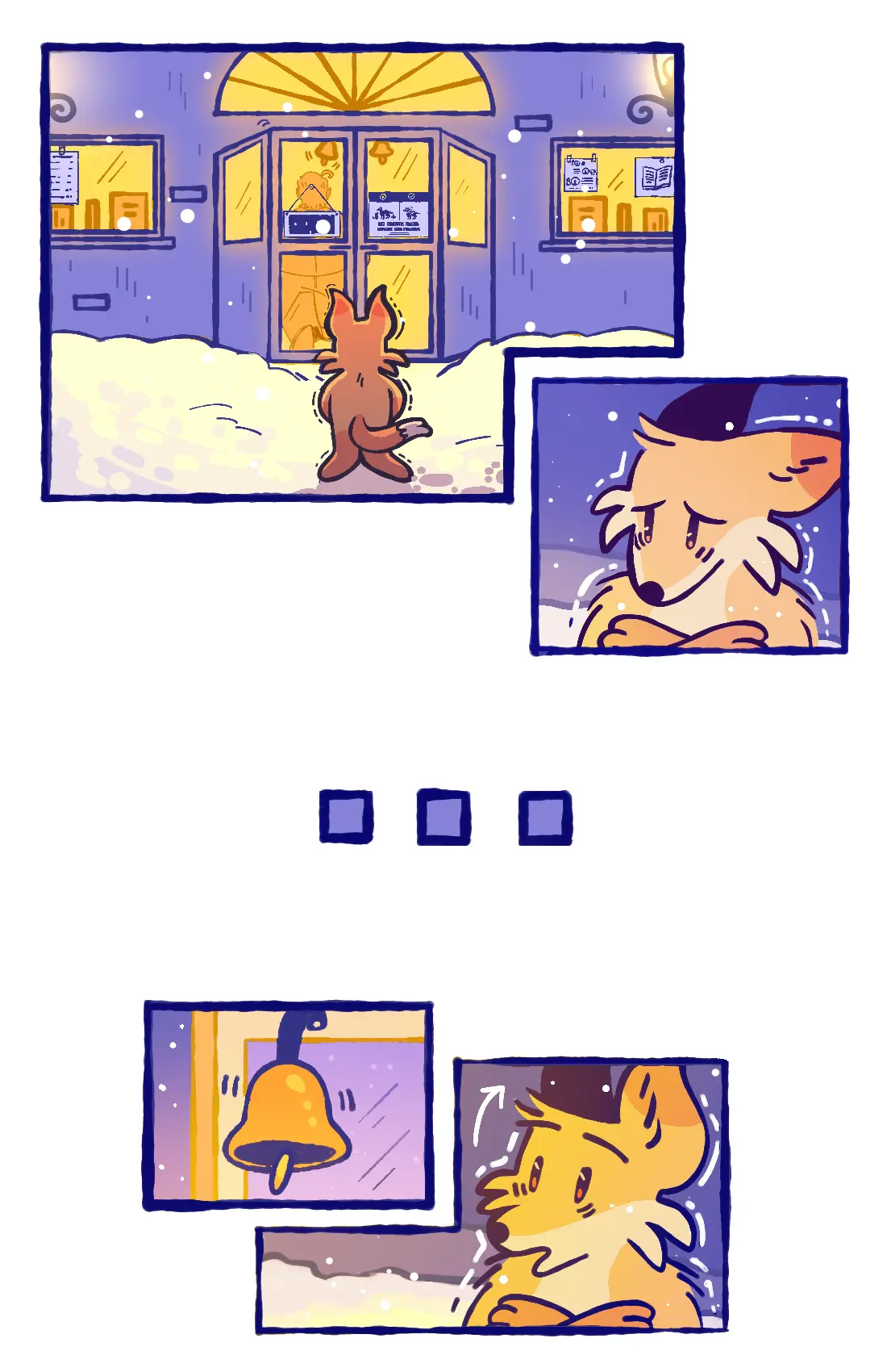 Page 31: The fox stands alone in the snow, once again looking at the closed door and shivering. But after some time, the door opens once more.