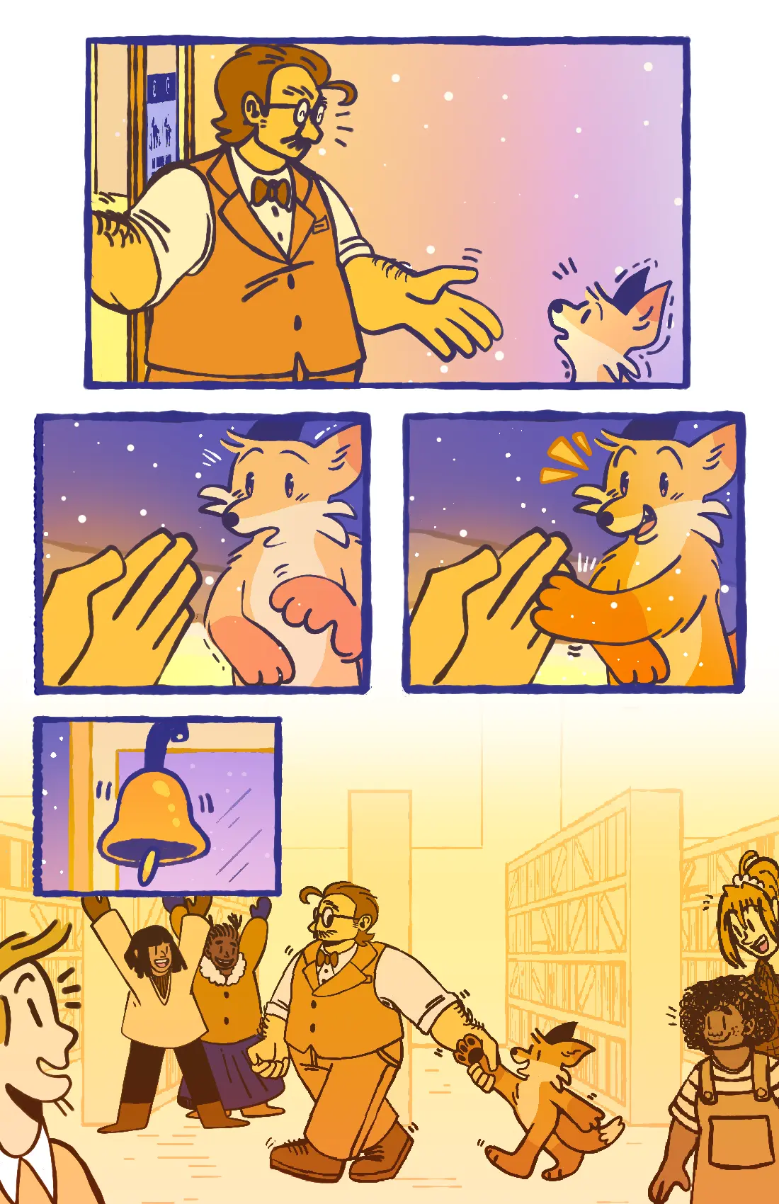 Page 32: The bookstore owner extends an inviting hand to the fox, finally allowing him to come inside. The fox takes his hand, and walks inside with him while the people inside greet them both.