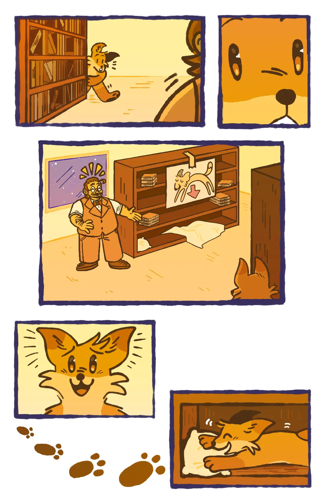 Page 33: As the fox rounds the corner, he realizes the bookstore owner has given him his very own bookshelf with a pillow and blanket to stay warm. Touched by the gesture, he plops down on the pillow.