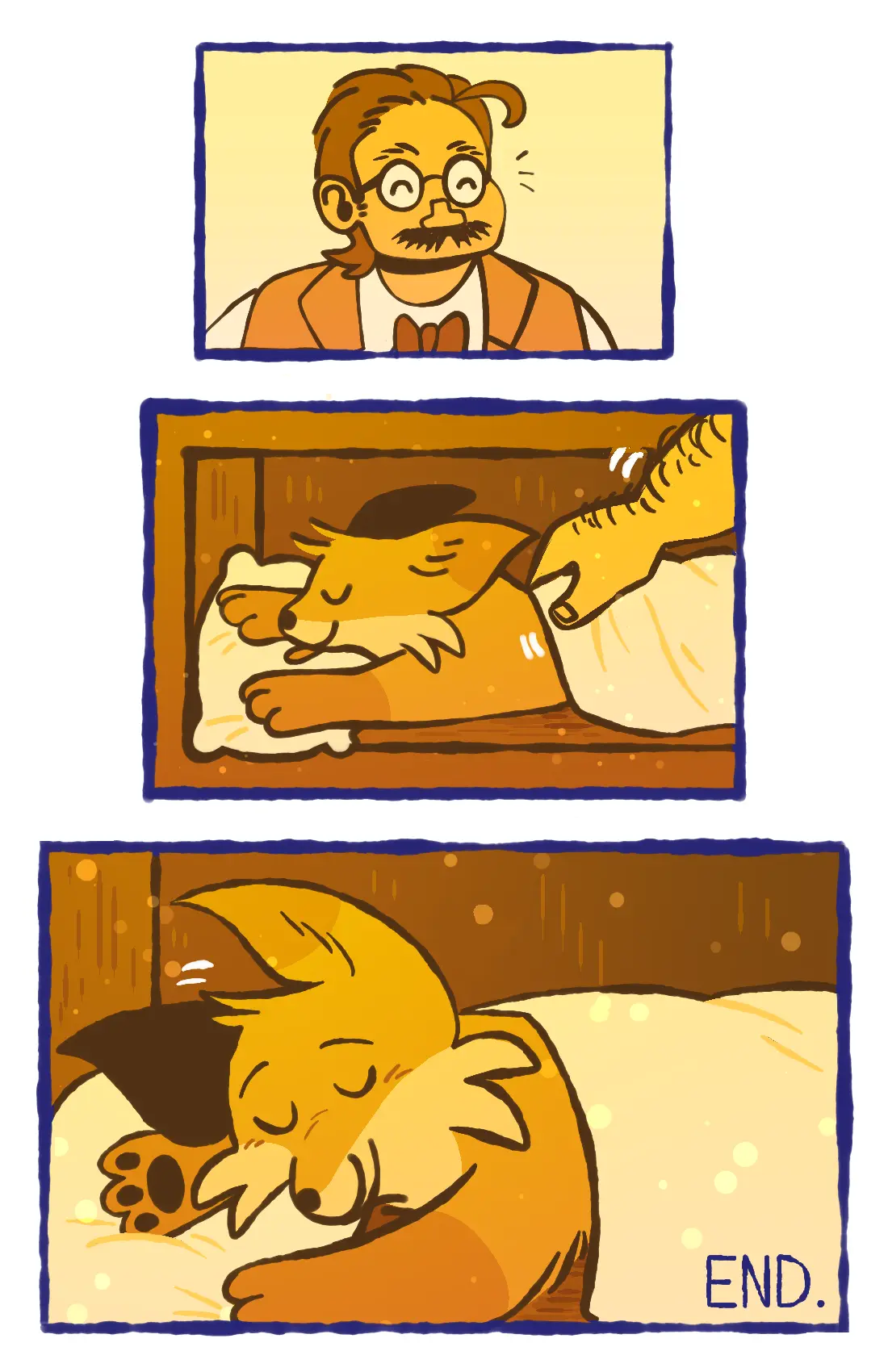 Page 34: The bookstore owner looks at the fox warmly, and tucks him into bed.