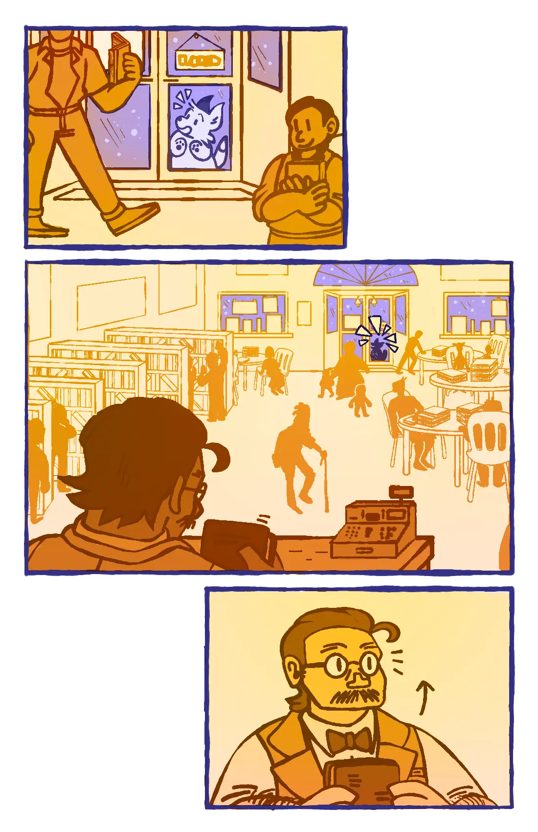 Page 4: The fox presses his face to the door, trying to get the attention of the people sitting and reading inside. The bookstore owner looks up from the register toward the door.