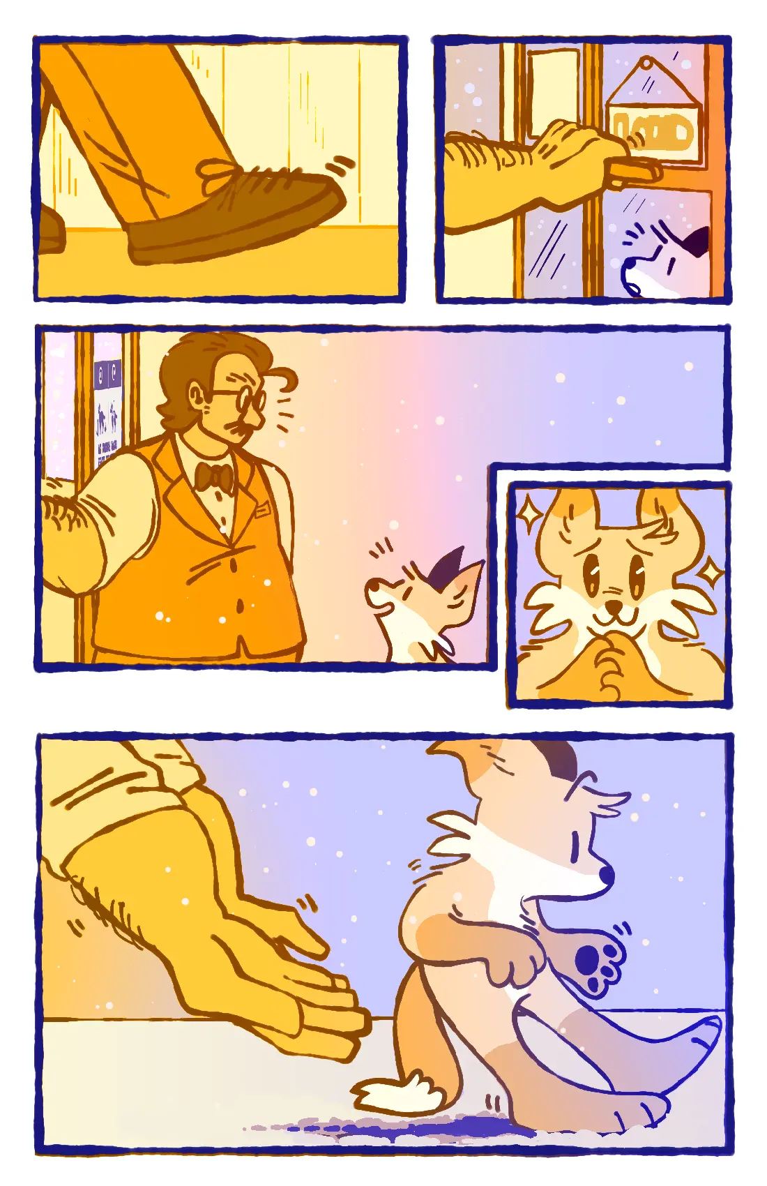 Page 5: The bookstore owner walks to the door and opens it, looking at the fox. The fox makes a pleading face, hoping to be let inside, but is gently shooed away.