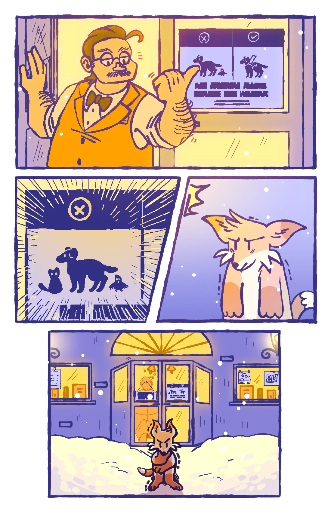 Page 6: The bookstore owner points to a sign, which states that non-service animals are not allowed inside. The fox is dejected, but starts hatching up a plan to get inside.