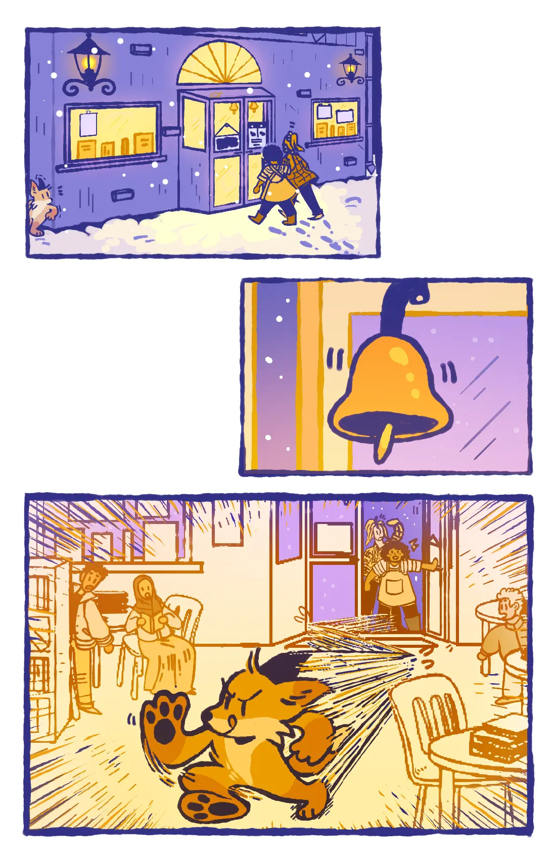Page 7: The fox hides out of view as two women walk into the store. As the door opens, the fox darts inside as the shocked people watch.