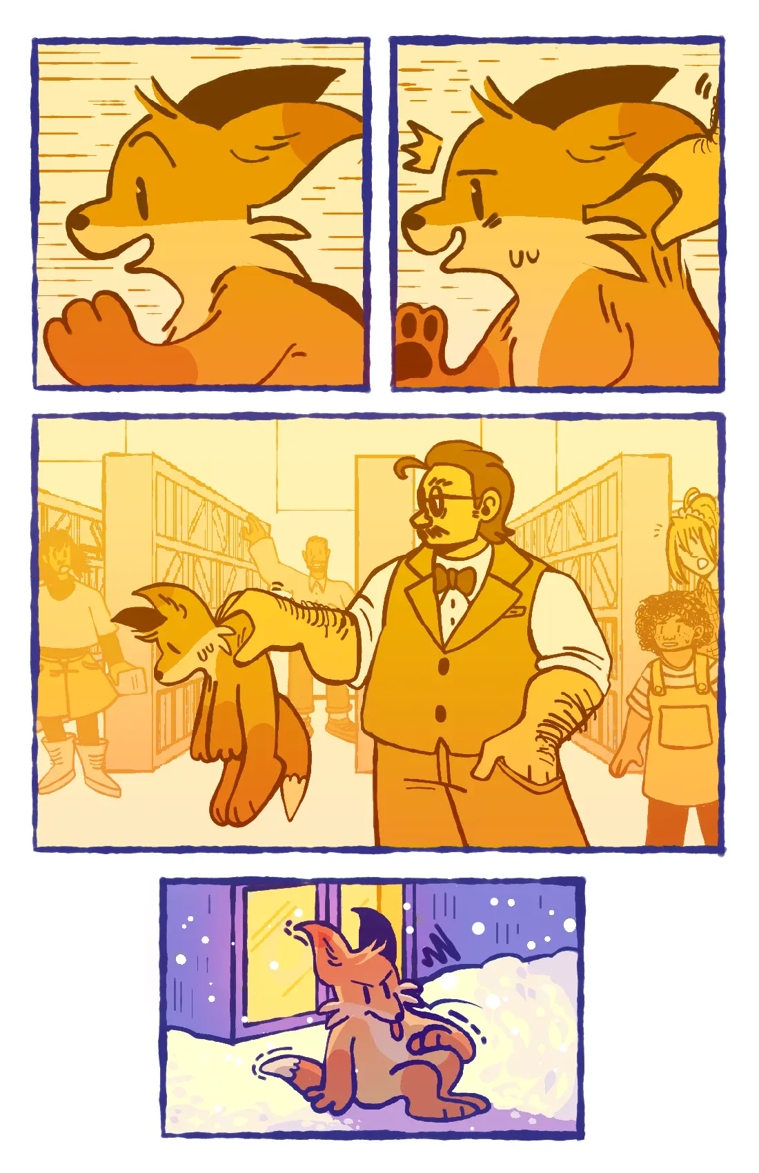 Page 8: The fox keeps running, until he feels the bookstore owner's hand on his scruff. He gets kicked out, bitterly lamenting the failed attempt.