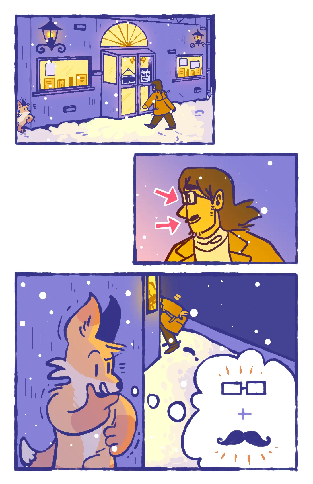Page 9: The fox sees a man with a moustache and glasses walk inside the store, and has an idea.