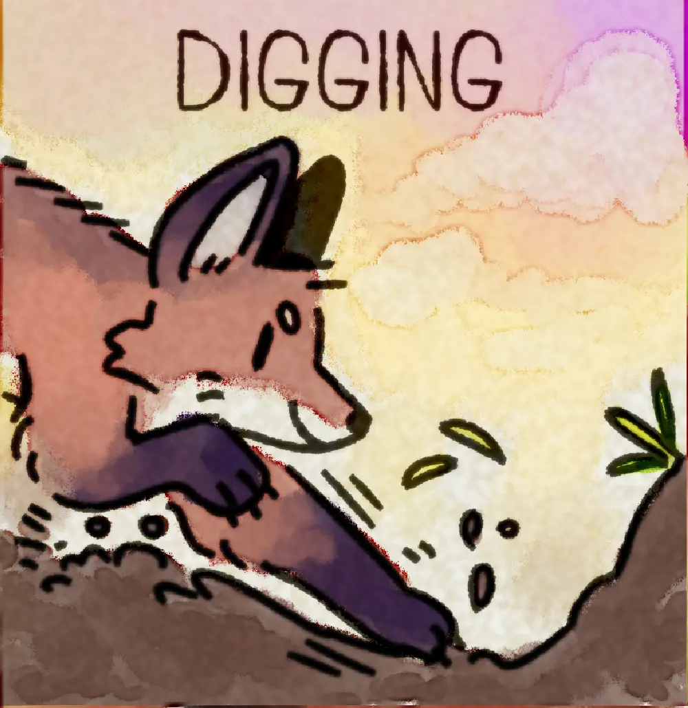 Page 4: a fox digging in dirt. The word for D is Digging.