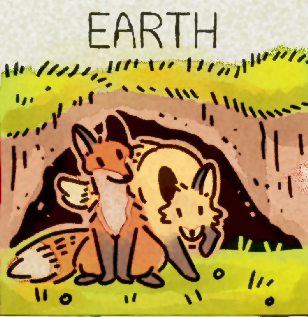 Page 5: two foxes outside their den, also known as an earth. The word for E is Earth.