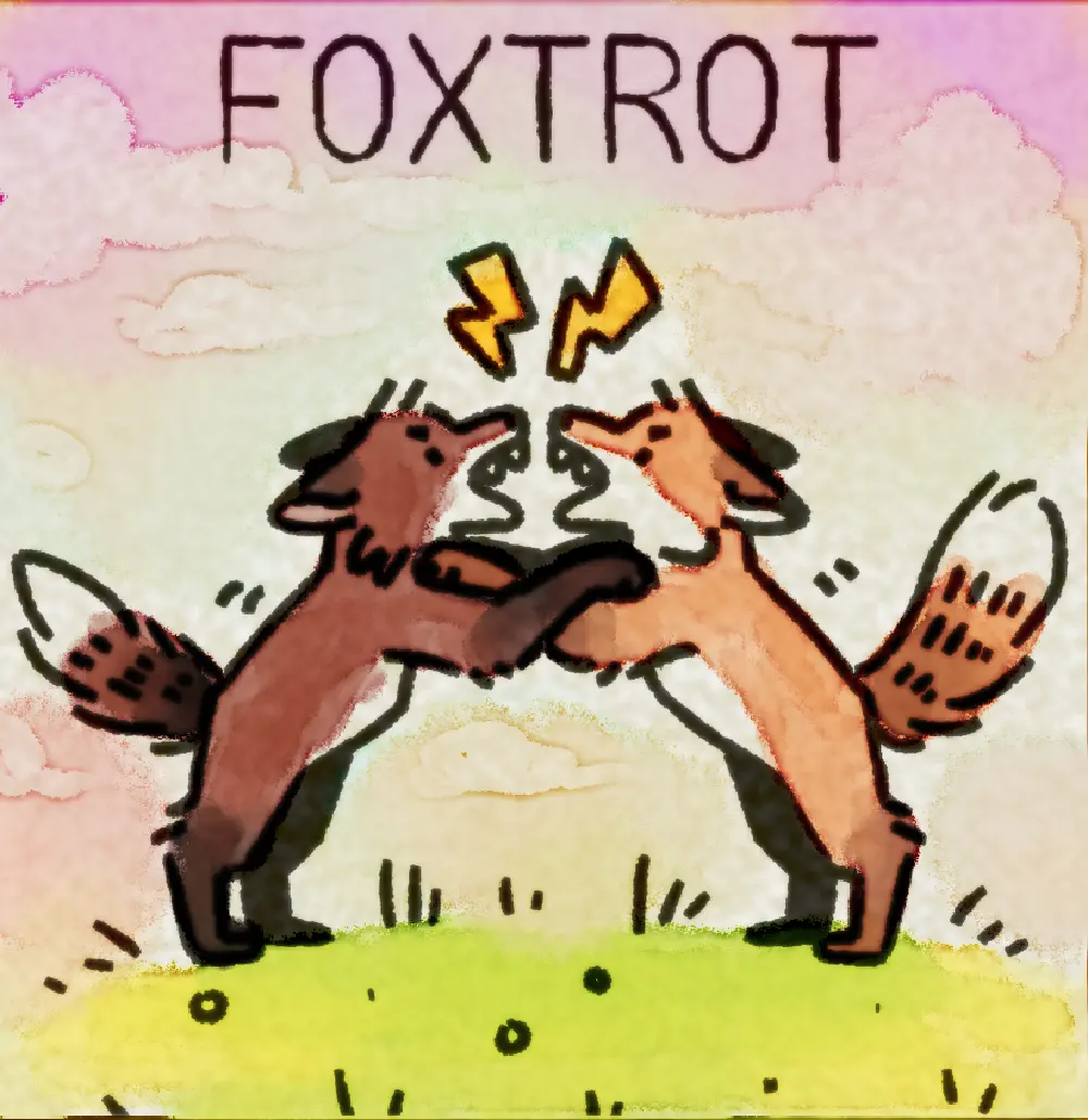 Page 6: two foxes fighting on their hind legs. The word for F is Foxtrot.