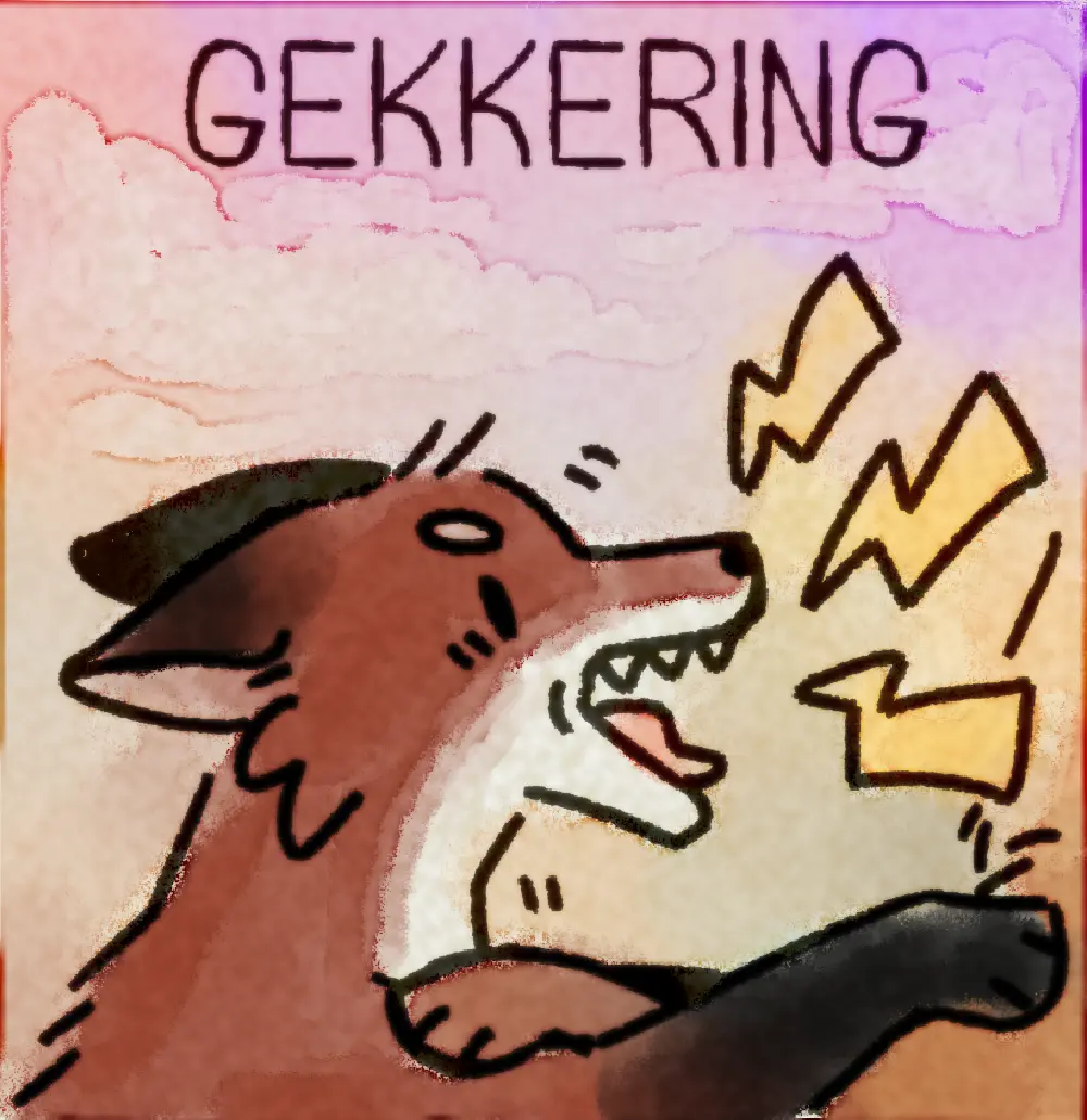 Page 7: a fox barking loudly. The word for G is Gekkering.