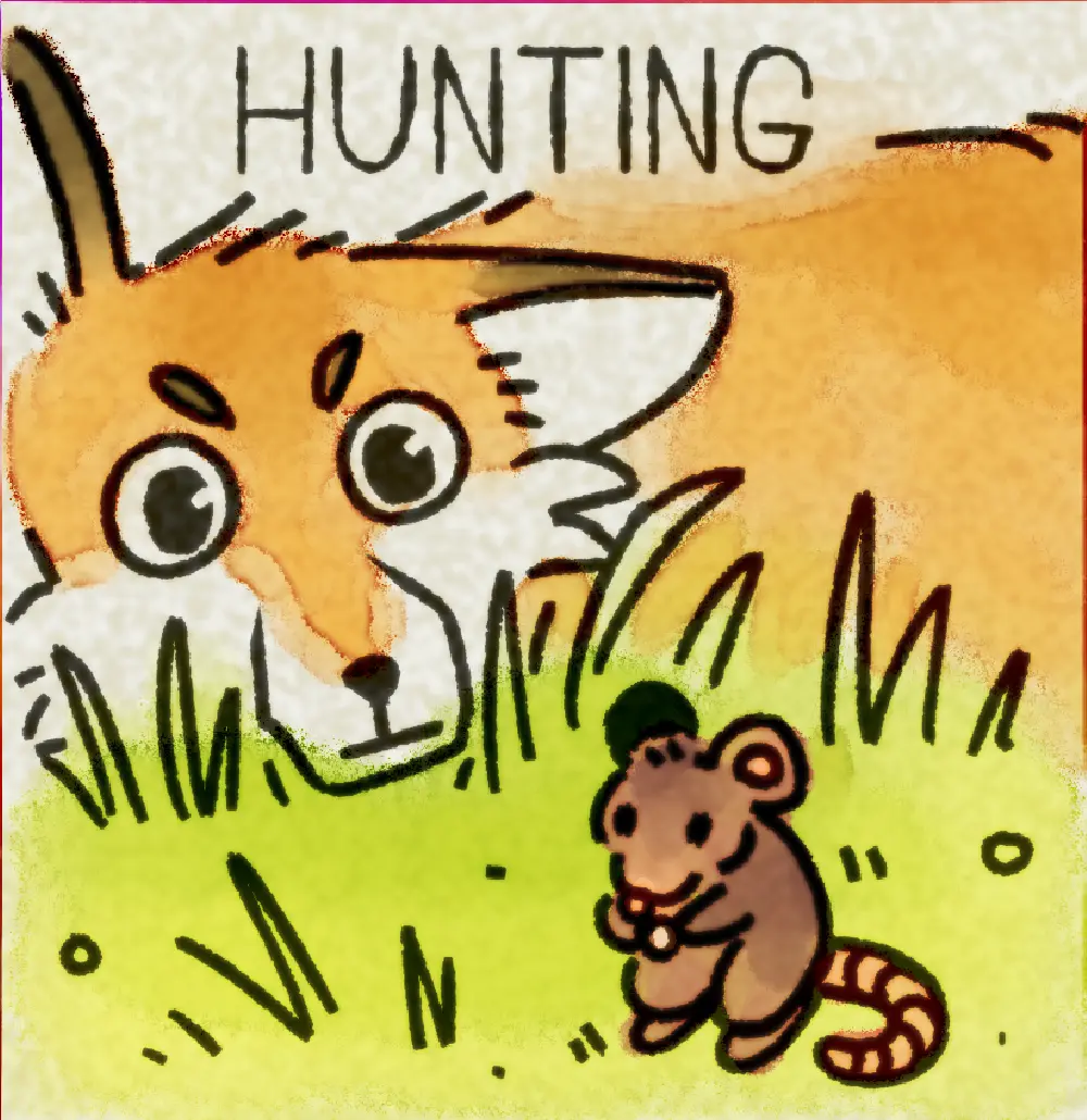 Page 8: a fox hunting a mouse. The word for H is Hunting.