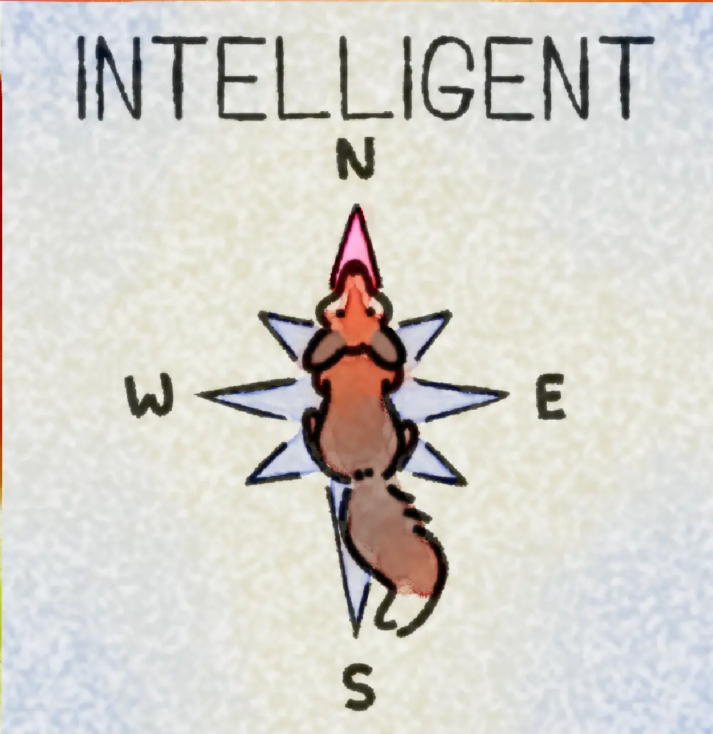 Page 9: a fox orienting itself northward. The word for I is Intelligent.
