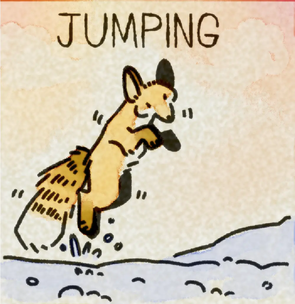 Page 10: a fox jumping in the snow. The word for J is Jumping.
