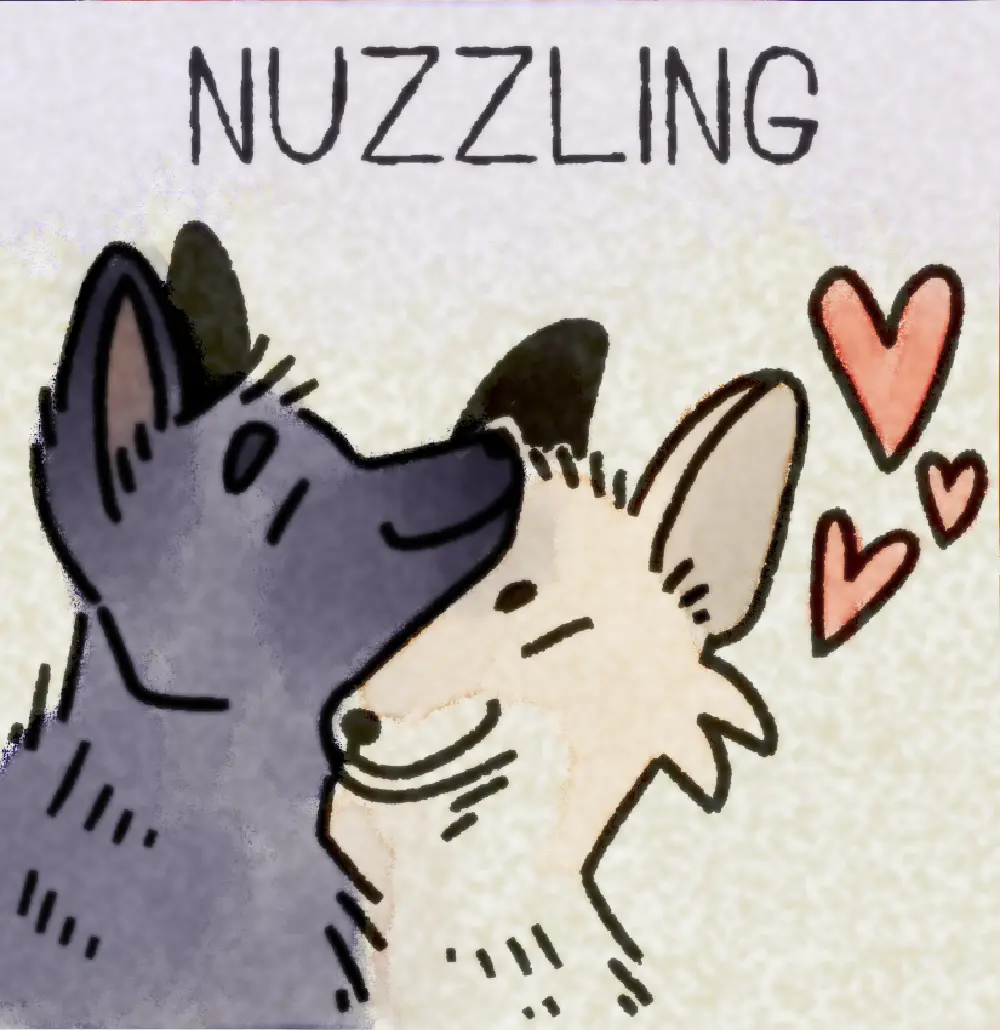 Page 14: a black fox and a white fox nuzzling each other. The word for N is Nuzzling.