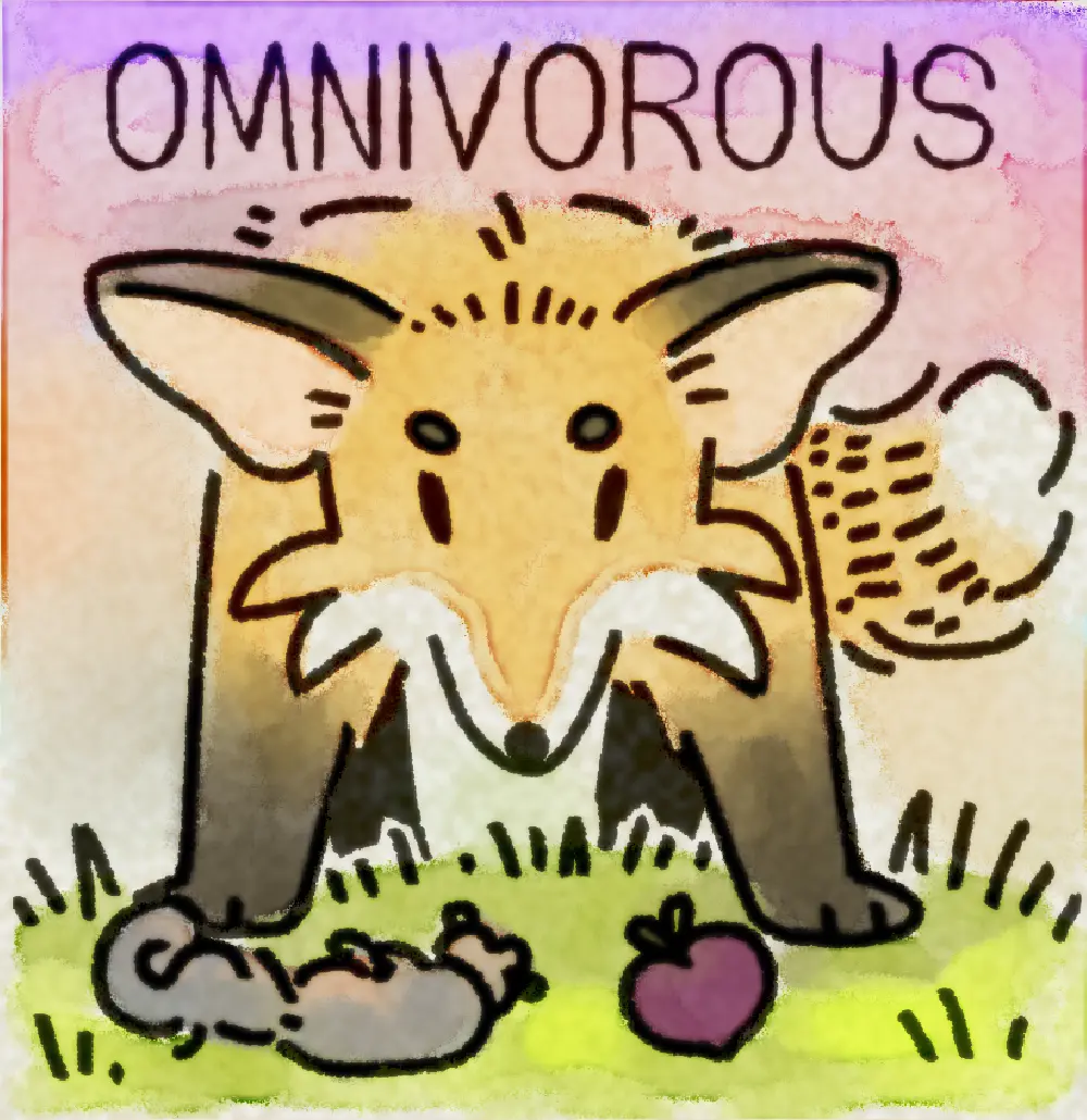 Page 15: a fox about to eat both a squirrel and a plum. The word for O is Omnivorous.