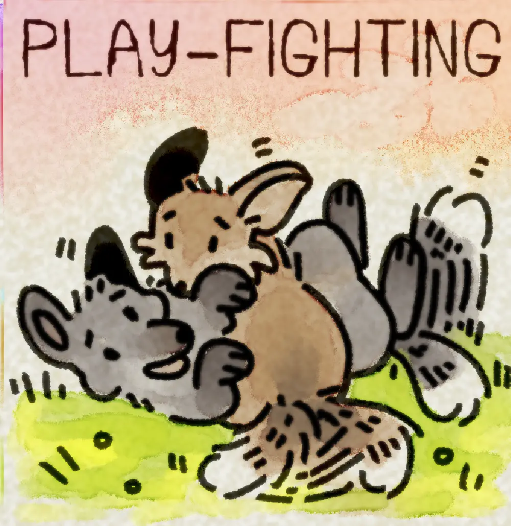 Page 16: two fox kits happily playing together. The word for P is Play-fighting.