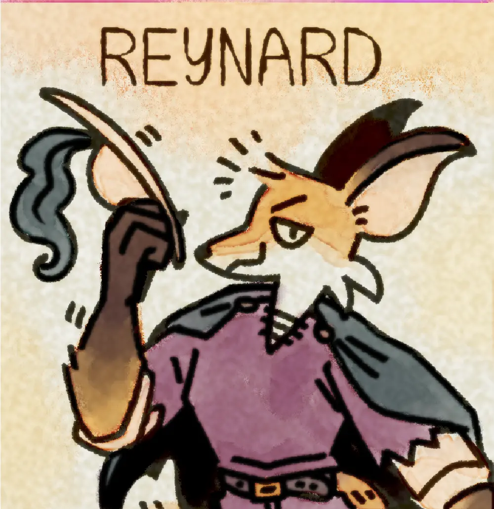 Page 18: a depiction of Reynard the fox, an anthropomorphic fox with a cloak and feathered hat. The word for R is Reynard.