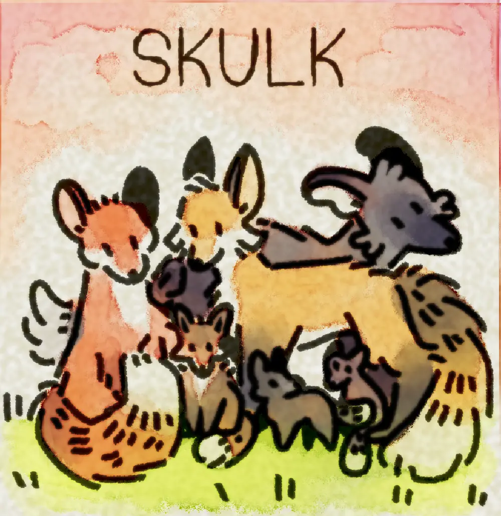 Page 19: a skulk of foxes and their kits. The word for S is Skulk.