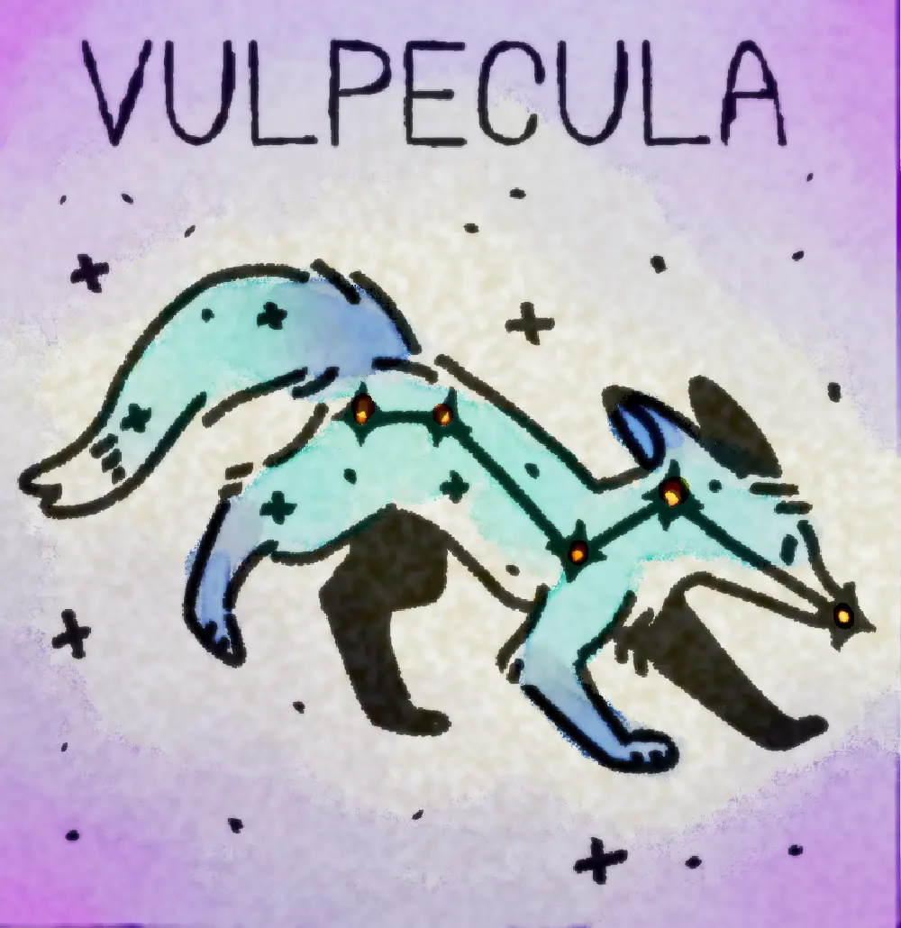Page 22: a blue celestial fox running across space, with the fox constellation Vulpecula inside it. The word for V is Vulpecula.