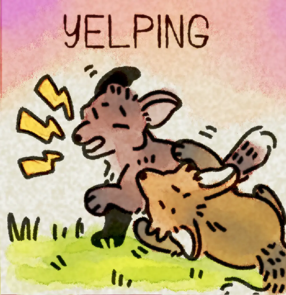 Page 25: a fox kit crying out when its playmate bites too hard. The word for Y is Yelping.