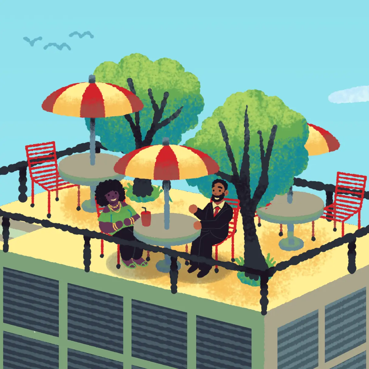 Detail shot of two people sitting in the shade of a rooftop dining area and happily talking.