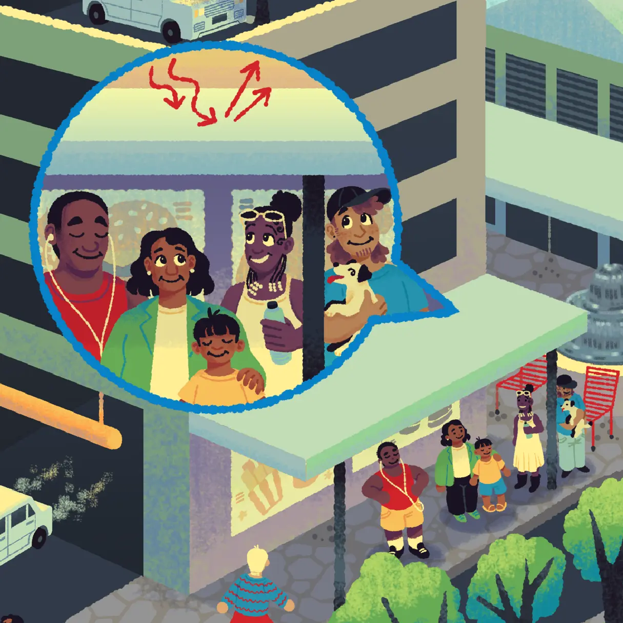 Detail shot of a group of people standing in the shade by a parking structure, comfortable as the heat is deflected by the canopy above them.
