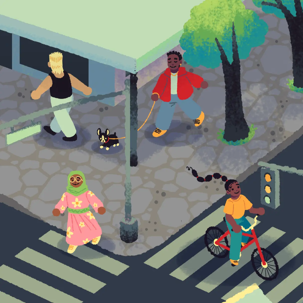 Detail shot of a few people at a crosswalk. One of the people is riding a bike, and another is walking a dog.
