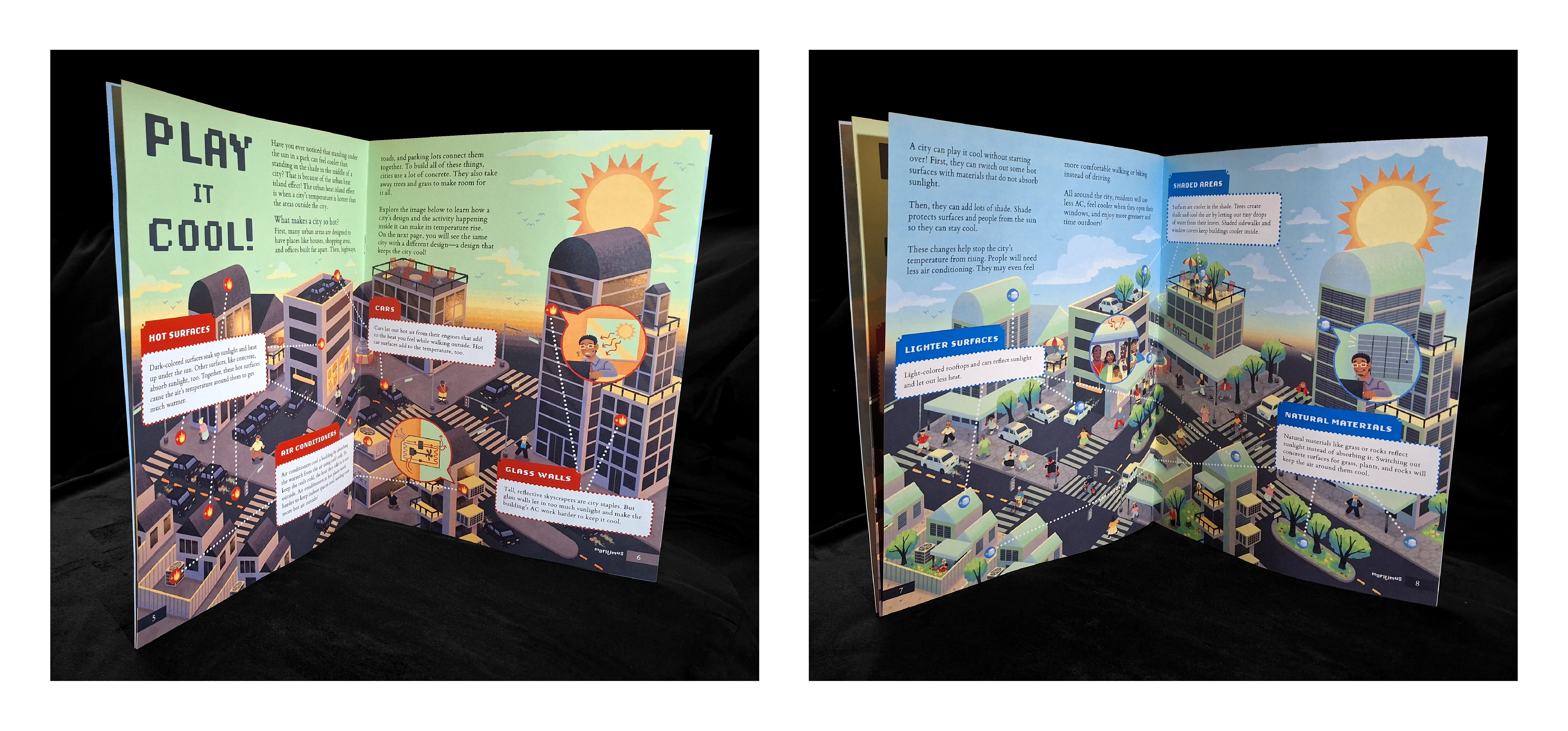 The physical copy the Maritimus Magazine Cooling Cities Issue, opened to both of the feature article spreads.