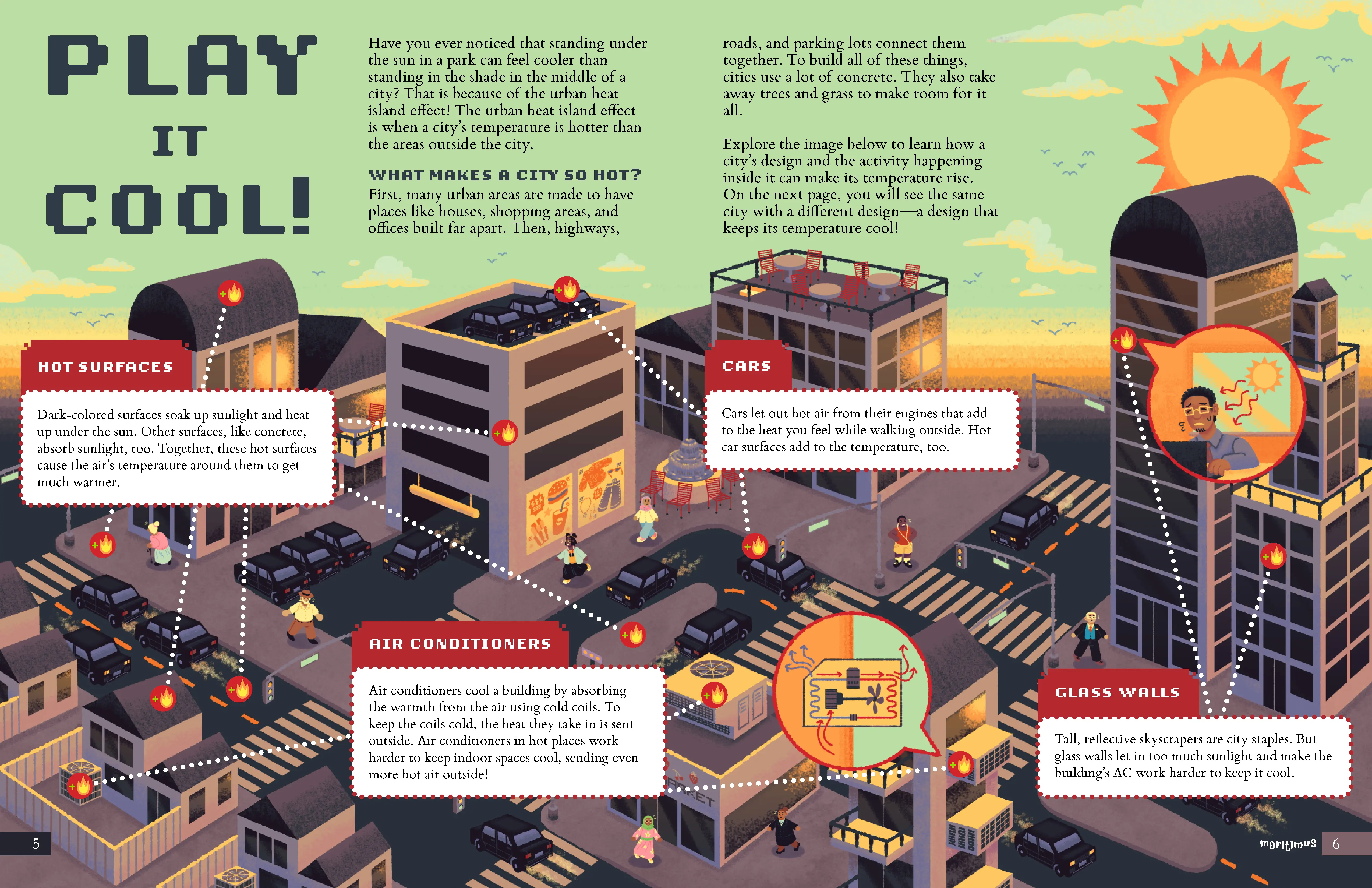 The first feature article spread, entitled Play It Cool in pixel text. An urban cityscape is presented, with markers showing how cars, buildings, glass walls, and air conditioning heats up a city. A few people walk around, sweating from the heat.