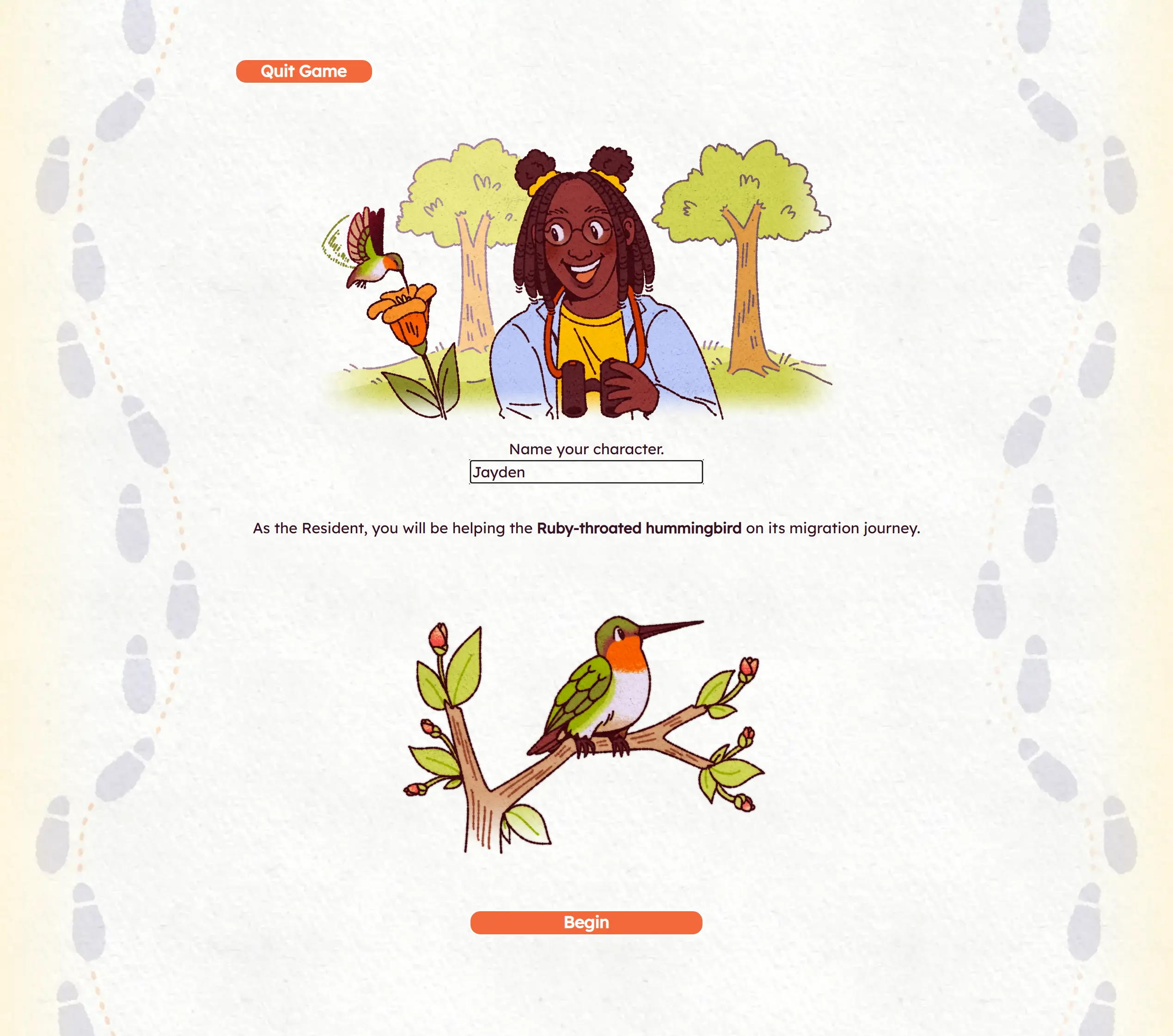 A still of the game's character customization menu, featuring the third playable character, a birdwatching-avid resident in a suburb, She is happily watching a hummingbird drink nectar. The player can name this character, with the default name being Jayden. The player is also informed that on the resident's story path, they will be helping a Ruby-throated hummingbird migrate.