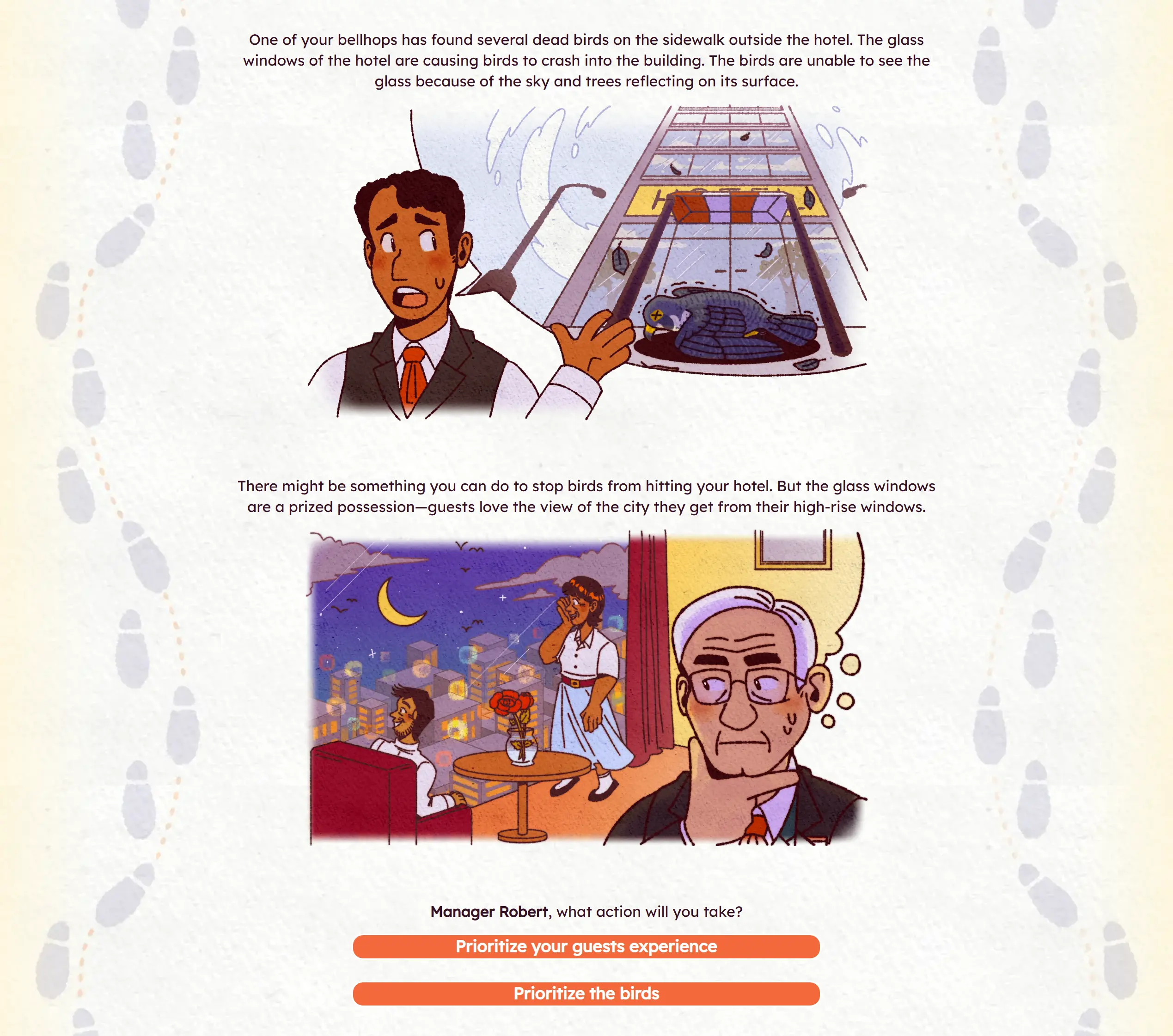 A still of the game featuring a hotel bellhop informing the manager about bird window strikes, and the manager thinking about how altering the windows this might affect his guests' view. The player can choose between prioritizing the guests' experience and helping to prevent bird window strikes.