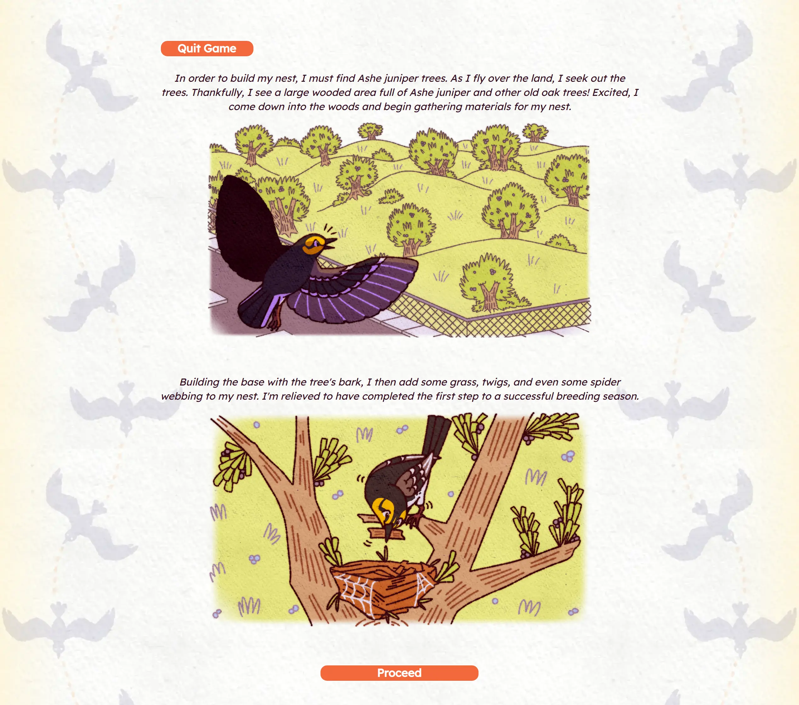 A still of the game featuring a Golden-cheeked warbler finding the protected wild area and making a nest in an Ashe juniper tree.