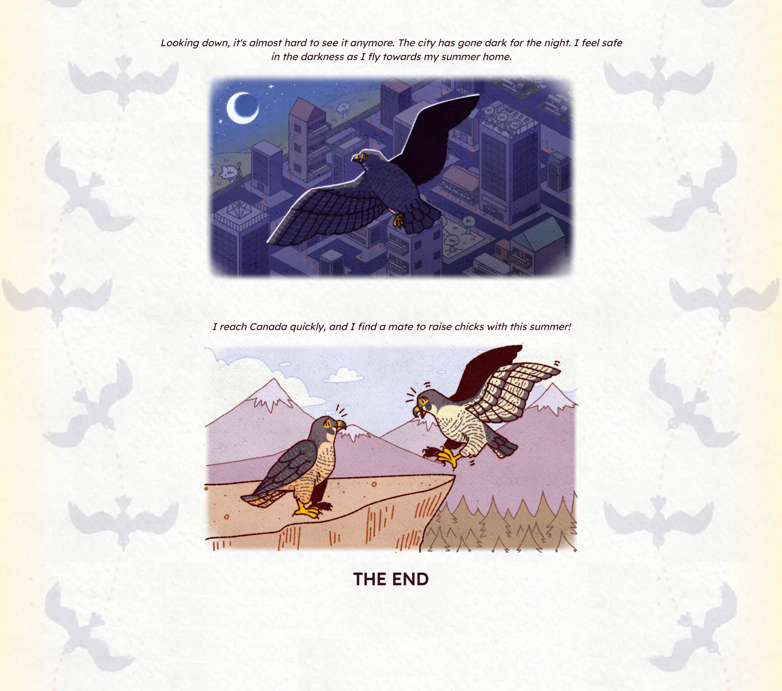 A still of the game featuring a peregrine falcon taking off into the night, with no city lights below to distract from the moon. The falcon soon reaches Canada and finds a mate on time.
